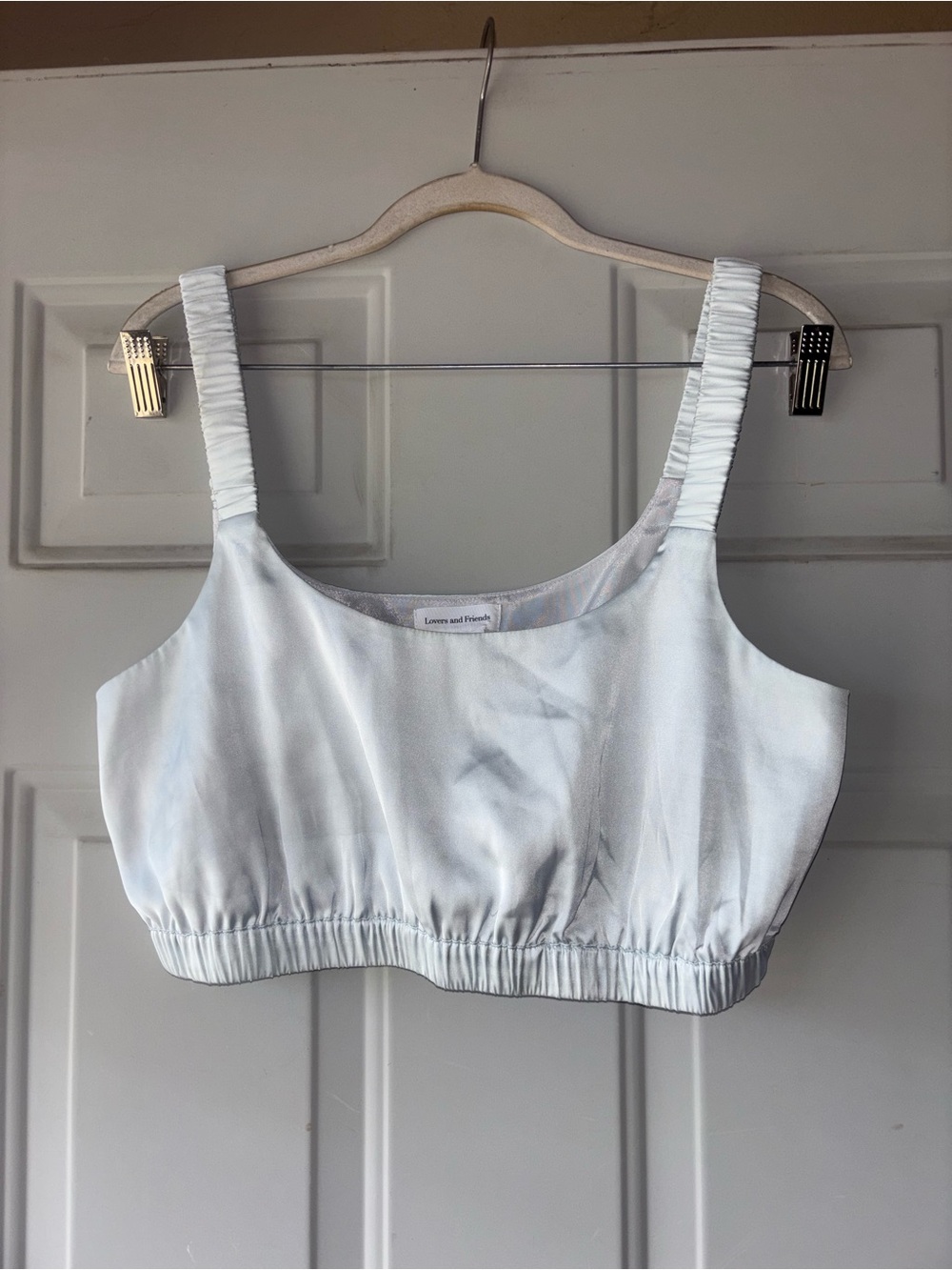 Lovers + Friends pale blue satin crop tank size M